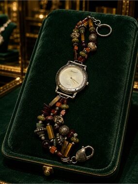 Vintage Lucoral 925 Silver Multi Gemstone Amber, Jade Women's Watch (no Battery)